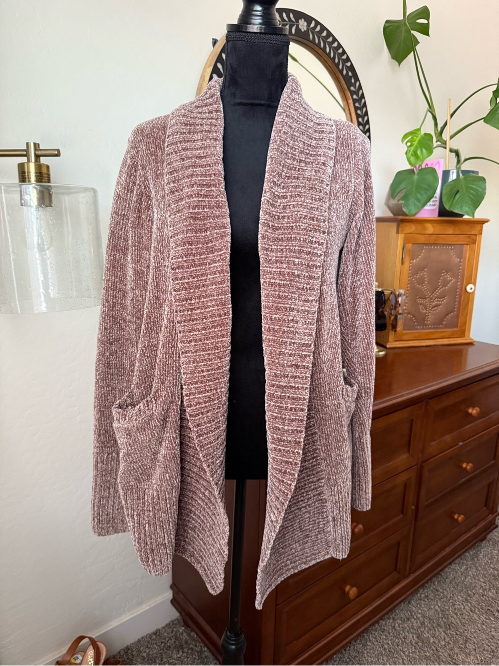 Orvis Chenille Open-Front Cardigan in brown taupe